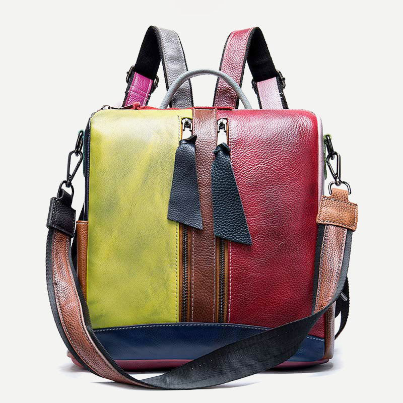 Damen Rucksack Handtasche Cabrio Schultertasche Echtleder Colorblock Casual Daypack