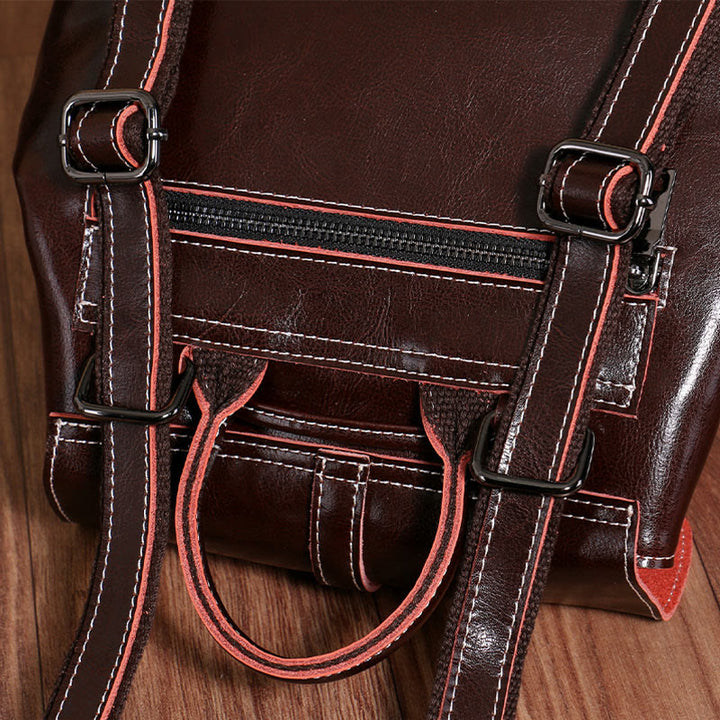 Klassischer Tagesrucksack für Damen, Ausflugsrucksack aus Leder mit Kordelzug