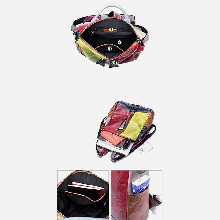 Damen Rucksack Handtasche Cabrio Schultertasche Echtleder Colorblock Casual Daypack