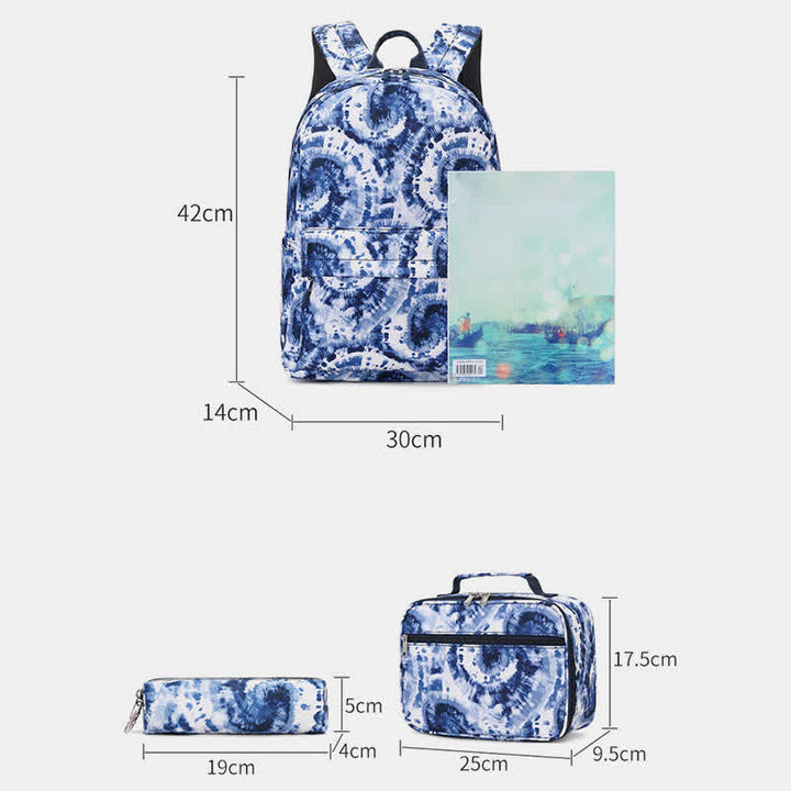 Schulrucksack-Set 3-teilig Batikmuster Mädchen Büchertaschen Lunchtasche Federmäppchen