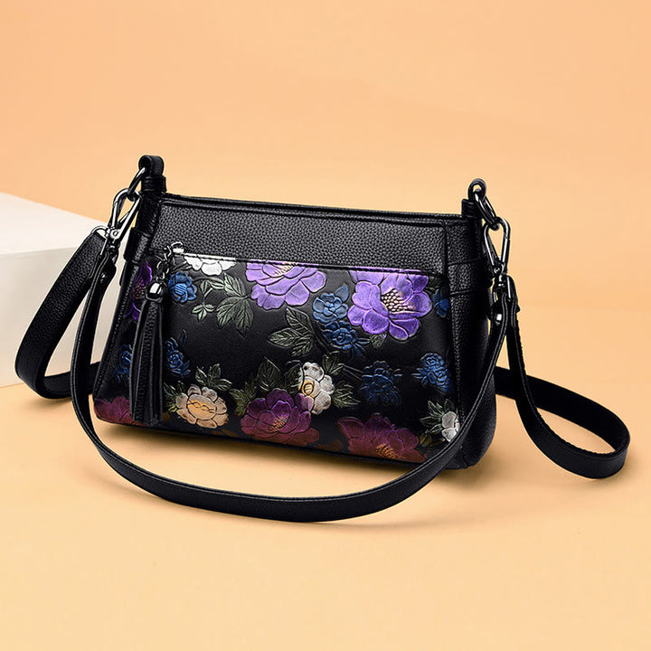 Umhängetasche mit Blumenmuster für Damen, Geldbörse mit Quaste und Libellen-Print