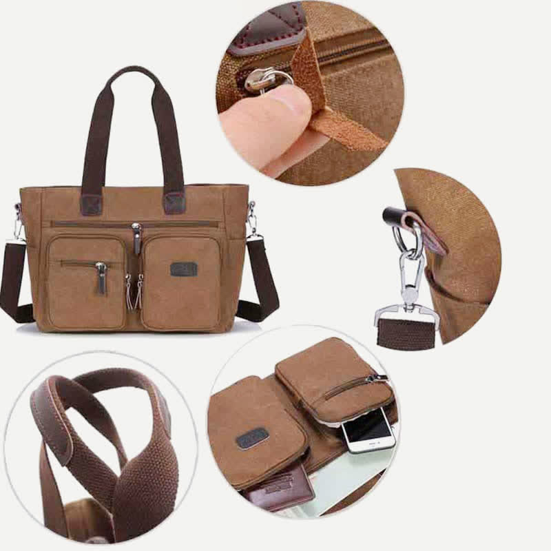 Tragetasche mit mehreren Taschen für Damen und Herren, Retro-Laptoptasche aus Segeltuch