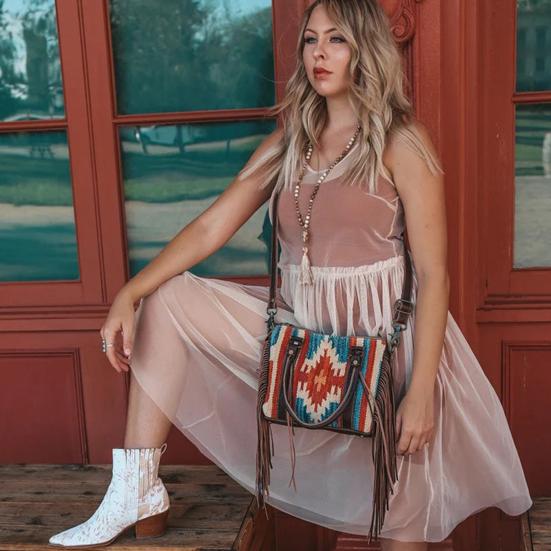 Vintage Handgewebte Boho Tote Tasche mit Quaste und Henkel und Umhängegurt