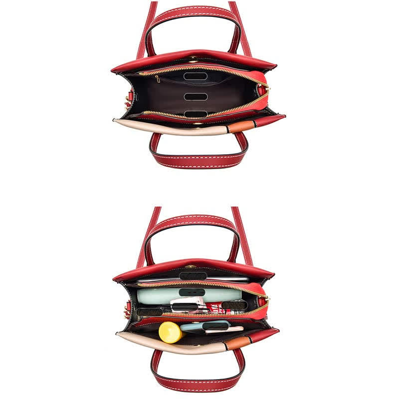 Damen Handtasche aus Leder mit Henkel, modisch, mit Farbblock-Muster, Umhängetasche