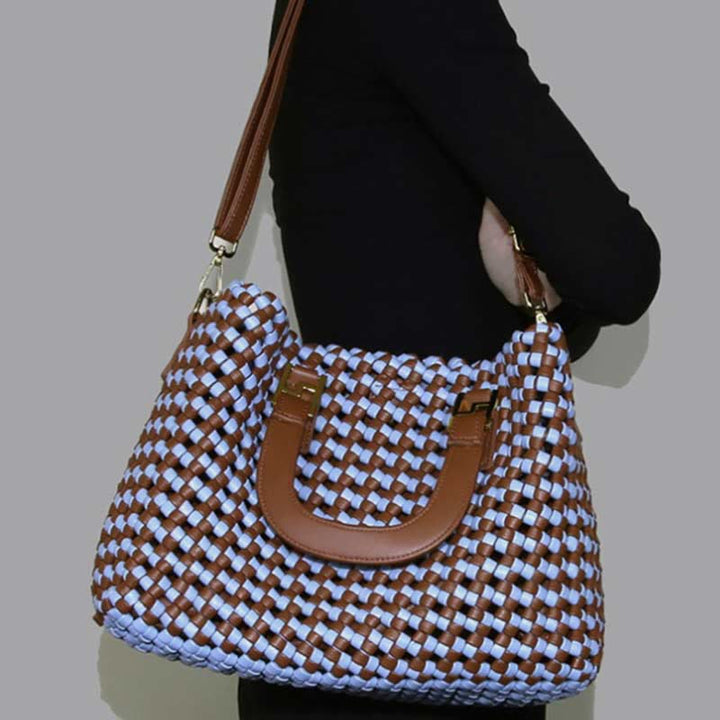 Handtasche für Damen, gewebte Umhängetasche aus Leder mit großem Fassungsvermögen
