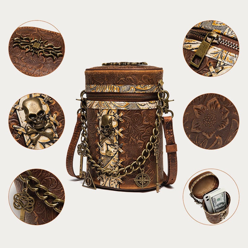 Vintage Umhängetasche Ausgefallene Totenkopf Design Leder Bucket Bag