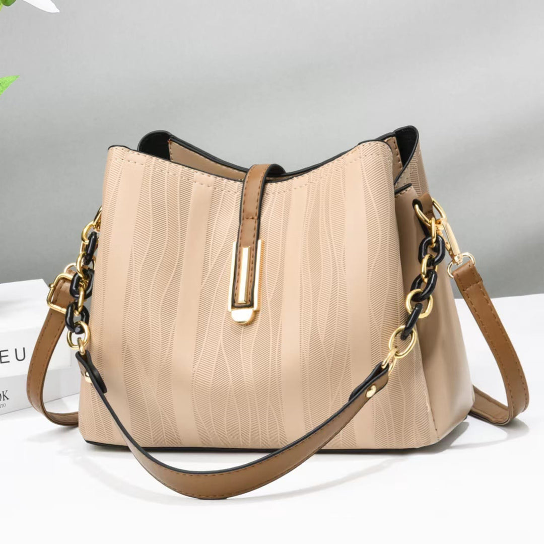 Handtasche mit Streifenmuster für Damen, groß, veganes Leder, Umhängetasche