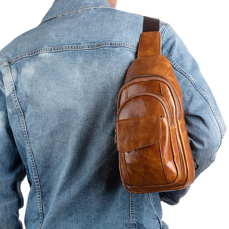 Sling-Rucksack aus echtem Leder, Retro, Mehrzweck-Umhängetasche, Schultertasche, Brusttasche