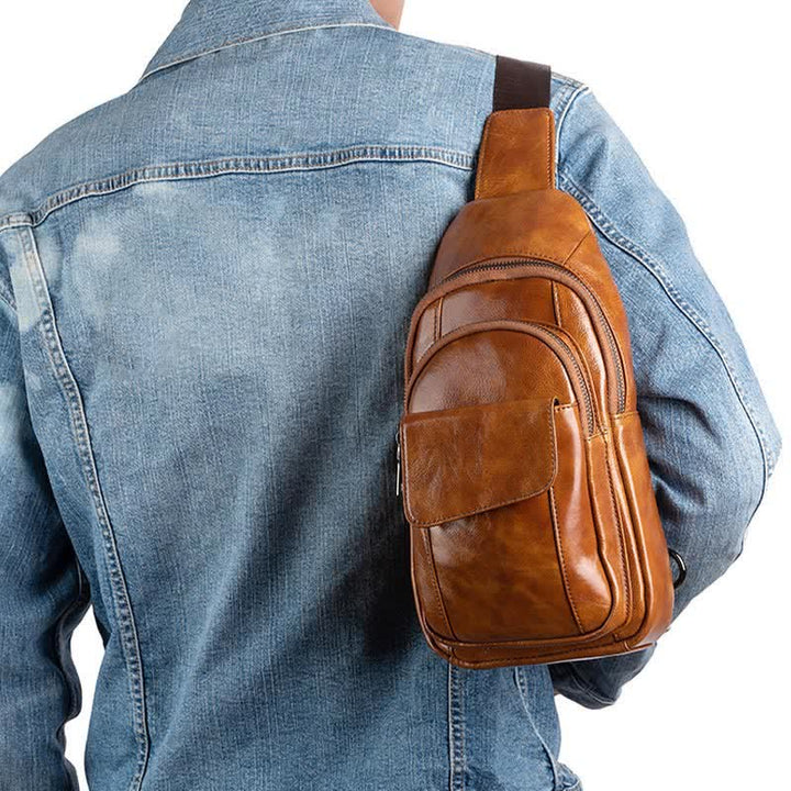 Sling-Rucksack aus echtem Leder, Retro, Mehrzweck-Umhängetasche, Schultertasche, Brusttasche