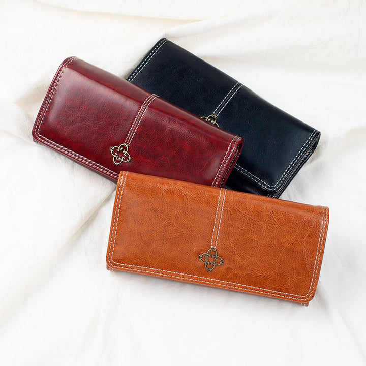 Eleganter, langer Retro-Geldbeutel aus Wachsleder für Damen