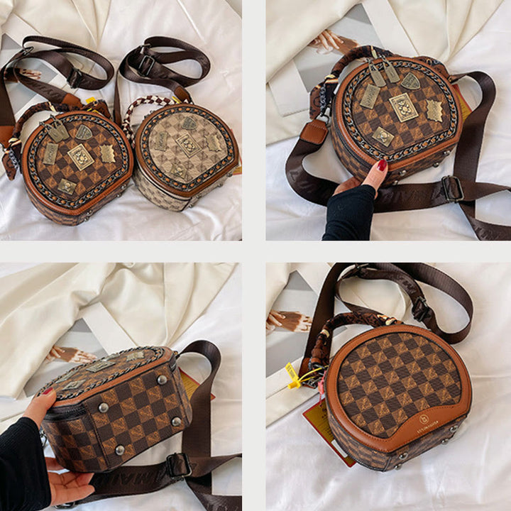 Top-Griff-Tasche für Damen Vintage breite Riemen kleine runde Tasche