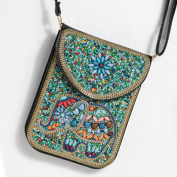 Bohemian Handytasche Damen Muschel Blumen Muster Magnetische Umhängetasche