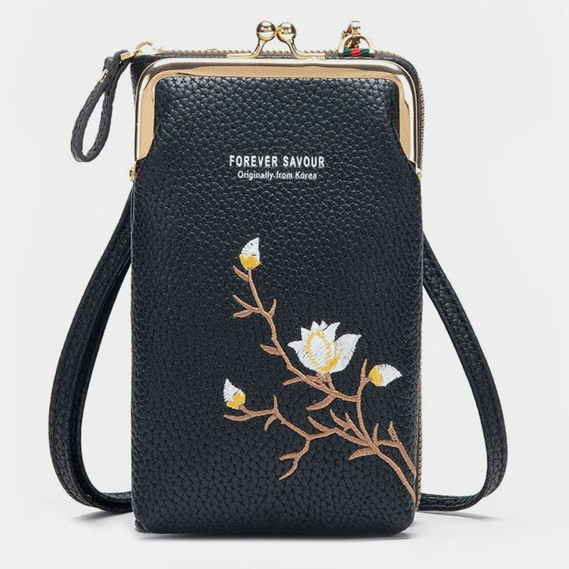 Elegante Umhängetasche fürs Handy mit mehreren Fächern und Blumenstickerei