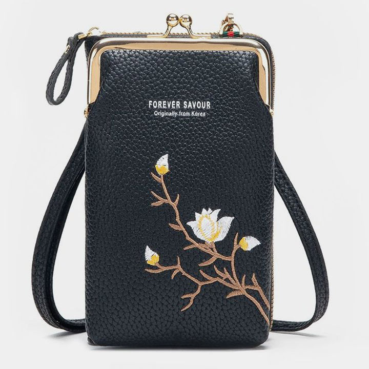 Elegante Umhängetasche fürs Handy mit mehreren Fächern und Blumenstickerei