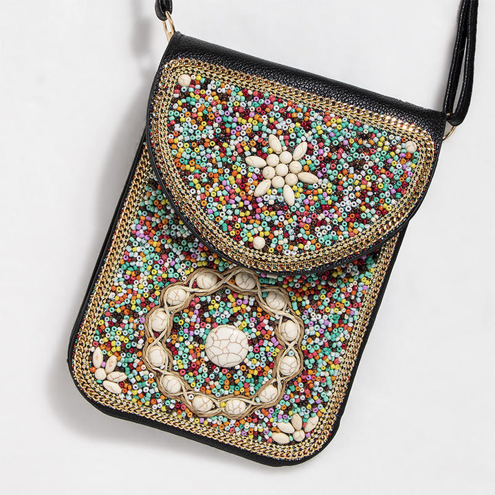 Bohemian Handytasche Damen Muschel Blumen Muster Magnetische Umhängetasche