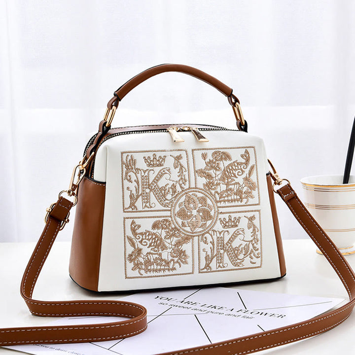 Top-Griff-Tasche für Damen, bestickte tragbare Umhängetasche aus Leder