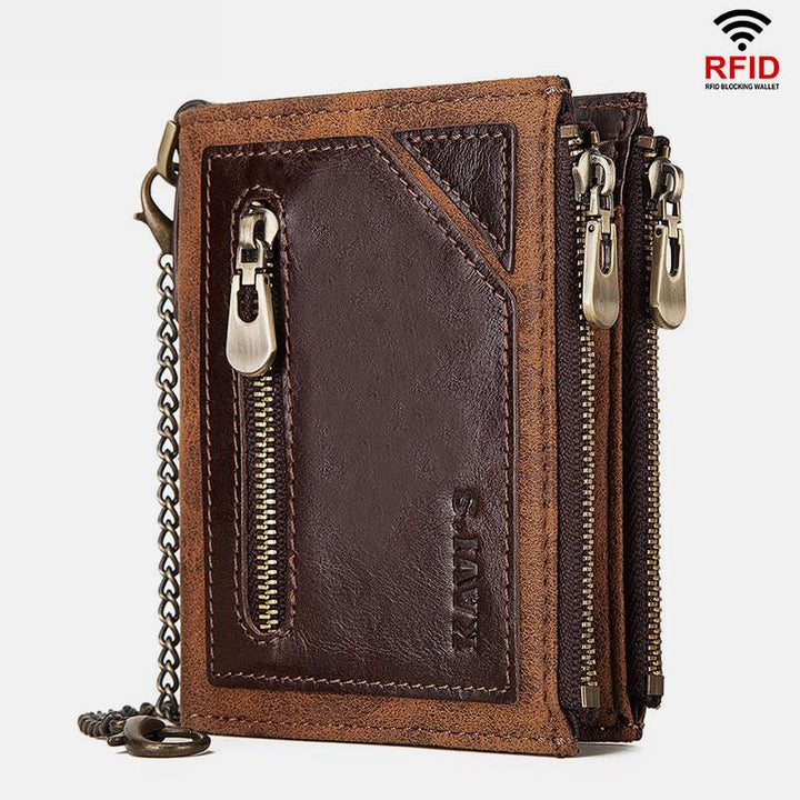 Vintage RFID Echtleder Bifold Münzgeldbörse mit Kette