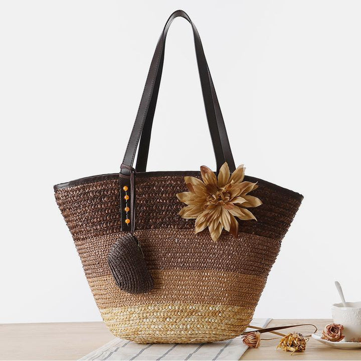 Sommerblumen-Strandtasche aus gewebtem Stroh, Reisetasche