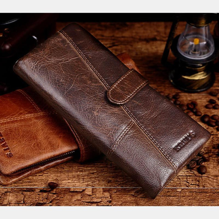 Retro Splicing Lange Schlanke Geldbörse Echtes Leder Dreifach gefaltete Brieftasche