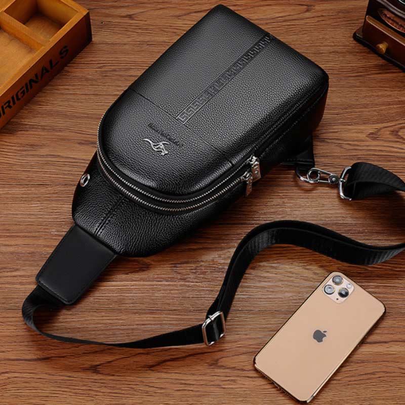 Sling Bag für Herren, schwarzes Leder, lässige Einkaufs-Umhängetasche