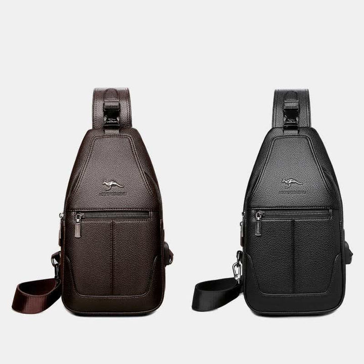 Sling-Brusttasche aus Leder mit mehreren Taschen für Männer mit USB-Ladeanschluss