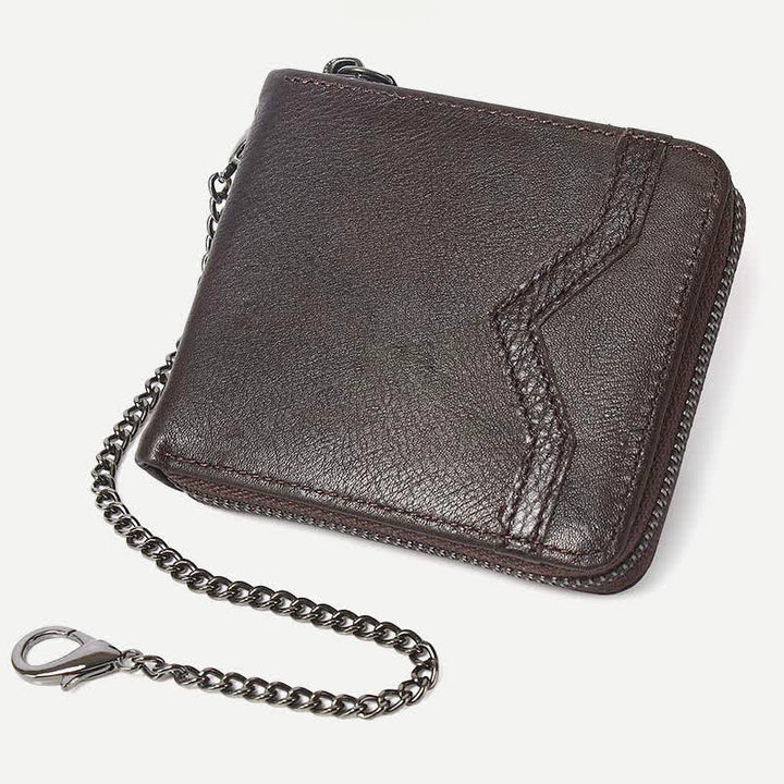 Zweifach gefaltete Geldbörse aus echtem Leder mit Rundum-Reißverschluss und RFID-Blockierung und Kette - Stil 2 - Sattelbraun - image 8