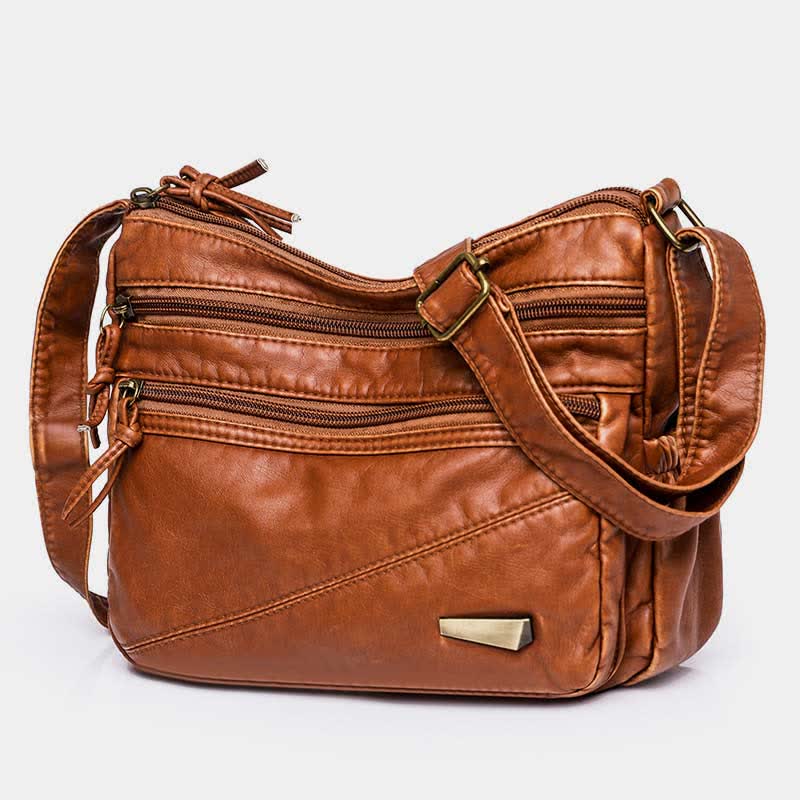 Umhängetasche aus weichem Leder mit zwei Fächern, Retro-Handtasche für Damen