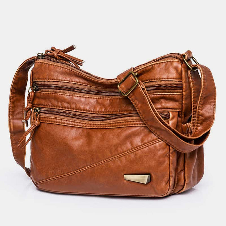 Umhängetasche aus weichem Leder mit zwei Fächern, Retro-Handtasche für Damen