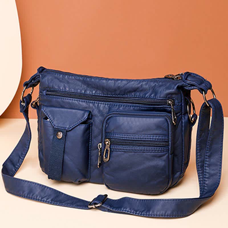 Damen Umhängetasche aus weichem Leder mit zwei Fächern, geräumige Handtasche, Schultertasche
