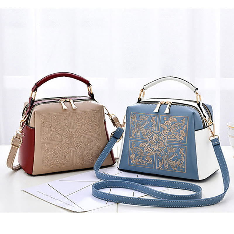Top-Griff-Tasche für Damen, bestickte tragbare Umhängetasche aus Leder