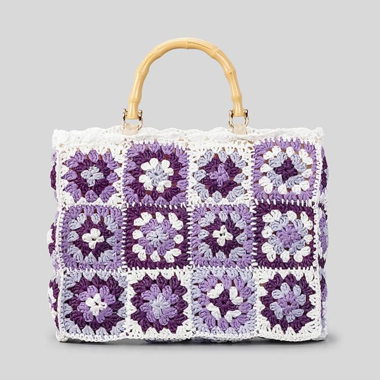 Gestrickte Handtasche mit Blumen-Patchwork-Muster und Bambusgriff