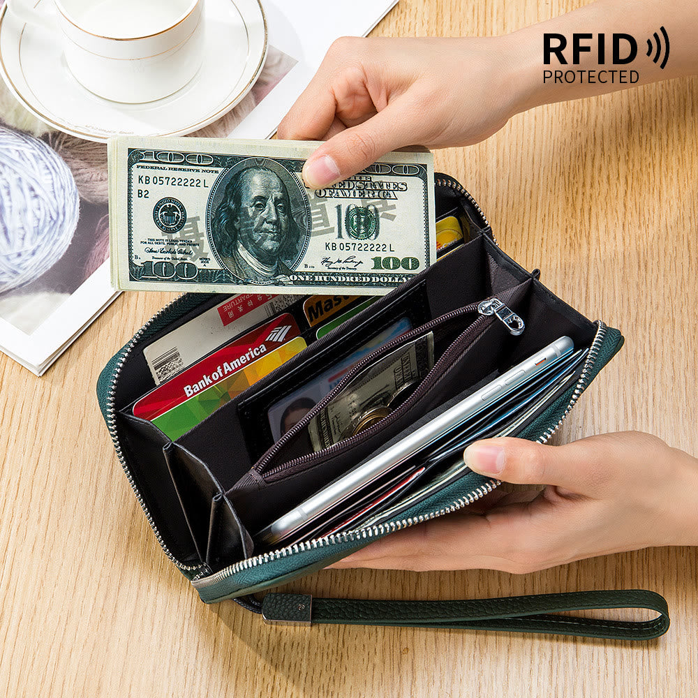 sportliche Lange Brieftasche mit RFID-Schutz, geräumige Leder-Telefonbörse für Damen