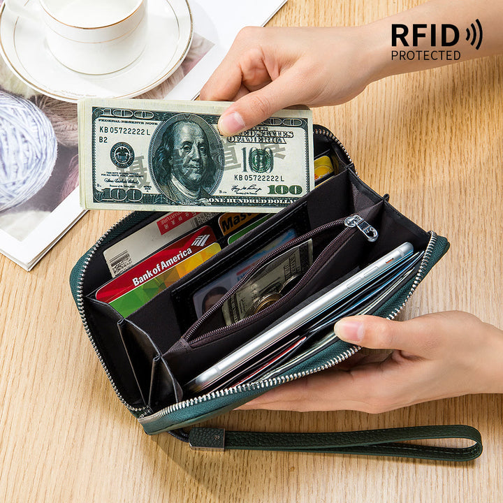 sportliche Lange Brieftasche mit RFID-Schutz, geräumige Leder-Telefonbörse für Damen