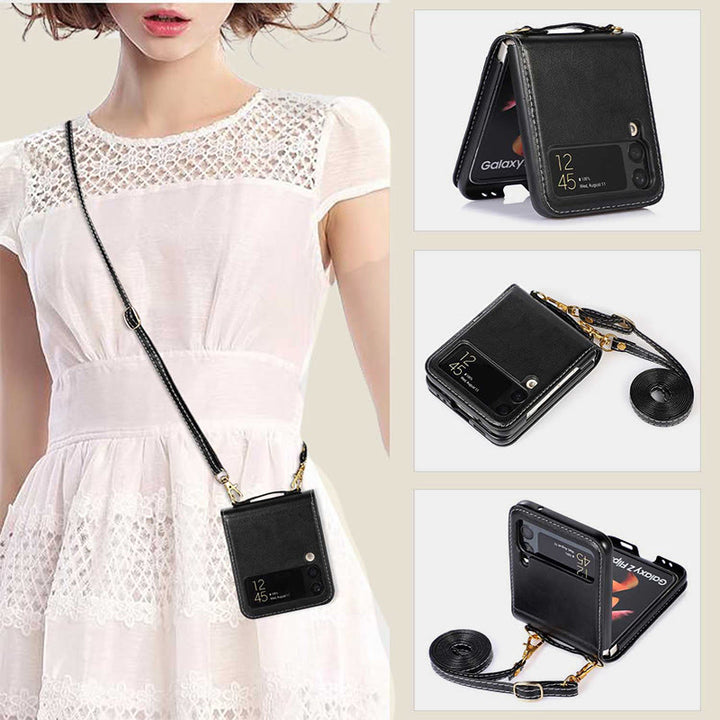 Handyhülle für Z Flip 4 Crossbody Clamshell Lederschutzhülle