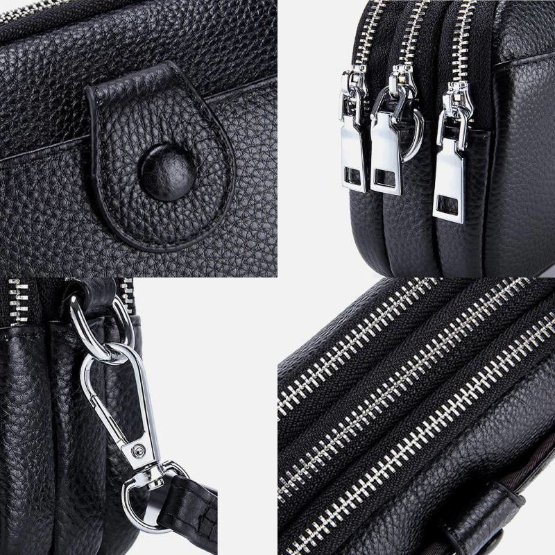 Schultertasche aus echtem Leder mit drei Reißverschlüssen, lässige Umhängetasche für Damen