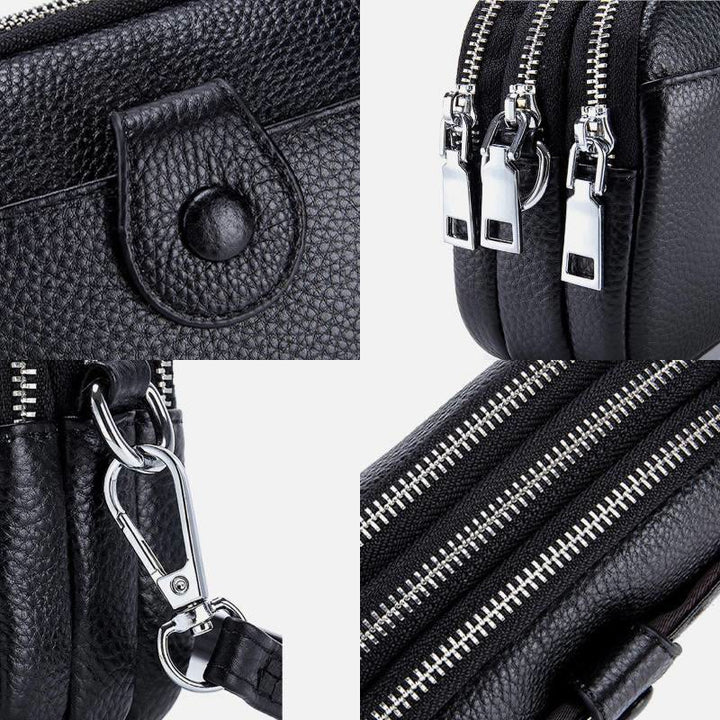 Schultertasche aus echtem Leder mit drei Reißverschlüssen, lässige Umhängetasche für Damen