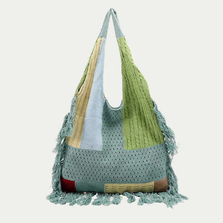 Quaste Umhängetasche für Damen Einfache Retro Gespleißte Stricktasche