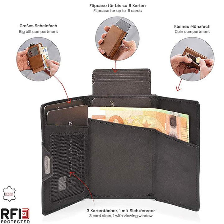 Minimalistische Geldbörse aus echtem Leder, dreifach faltbar, Pop-Up-Kartenhalter mit RFID-Blockierung