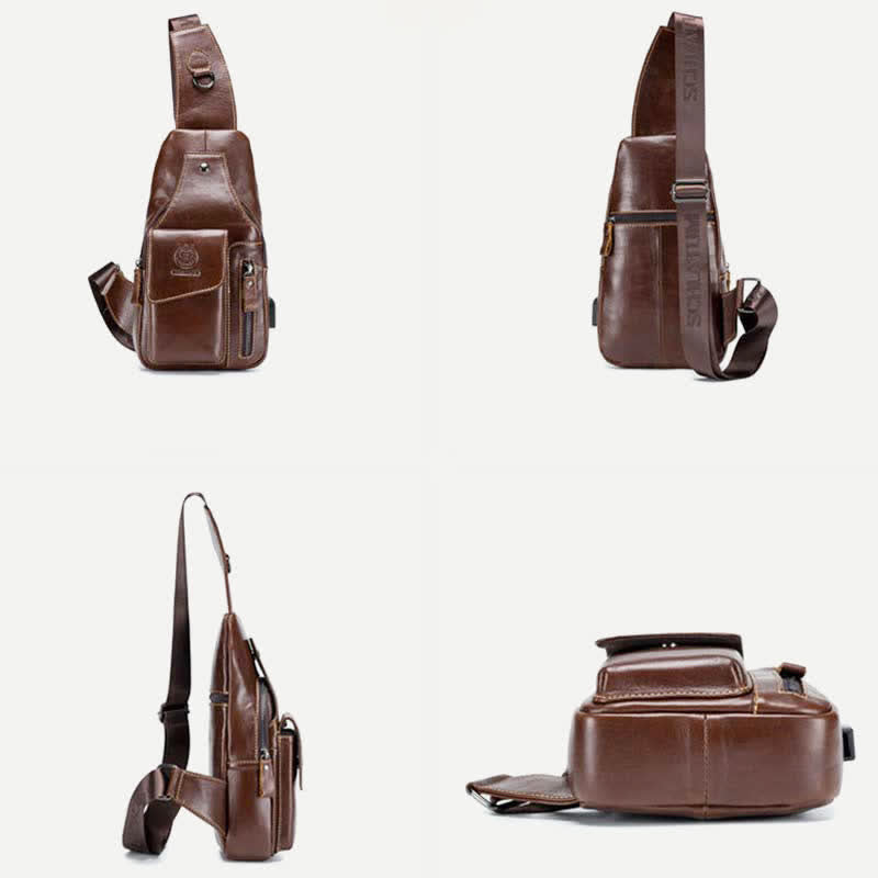 Brusttasche aus echtem Leder mit mehreren Taschen und USB-Ladeanschluss
