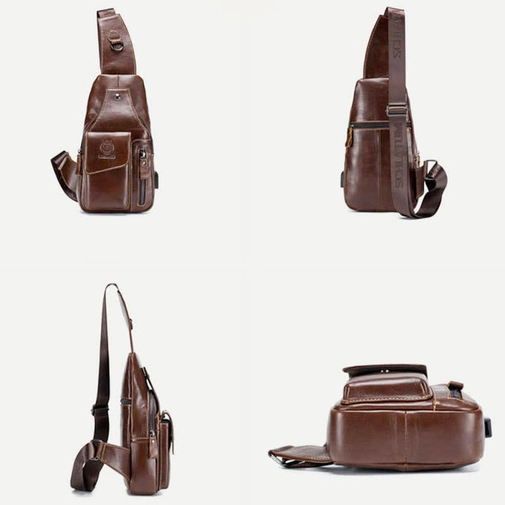Brusttasche aus echtem Leder mit mehreren Taschen und USB-Ladeanschluss
