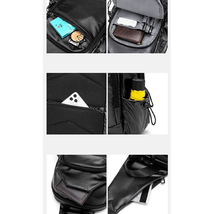 Kleine schwarze Sling-Umhängetasche für Damen und Herren, Tagesrucksack mit USB-Ladegerät