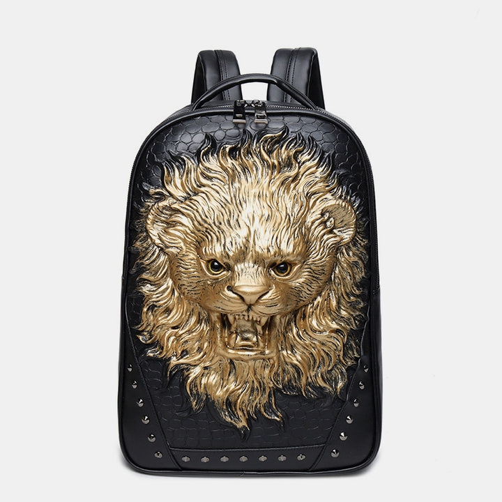 3D Tierkopf Rucksack mit Nieten aus Leder Coole Laptoptasche College Büchertasche