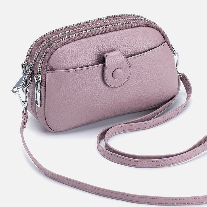 Schultertasche aus echtem Leder mit drei Reißverschlüssen, lässige Umhängetasche für Damen