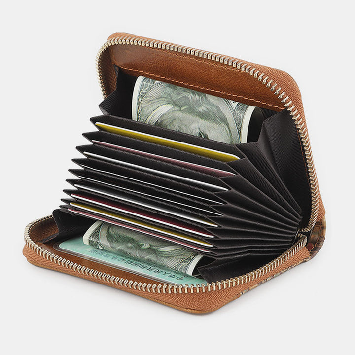 RFID Multi-Slot Echtleder Vintage Druck Kurze Brieftasche Kartenhalter