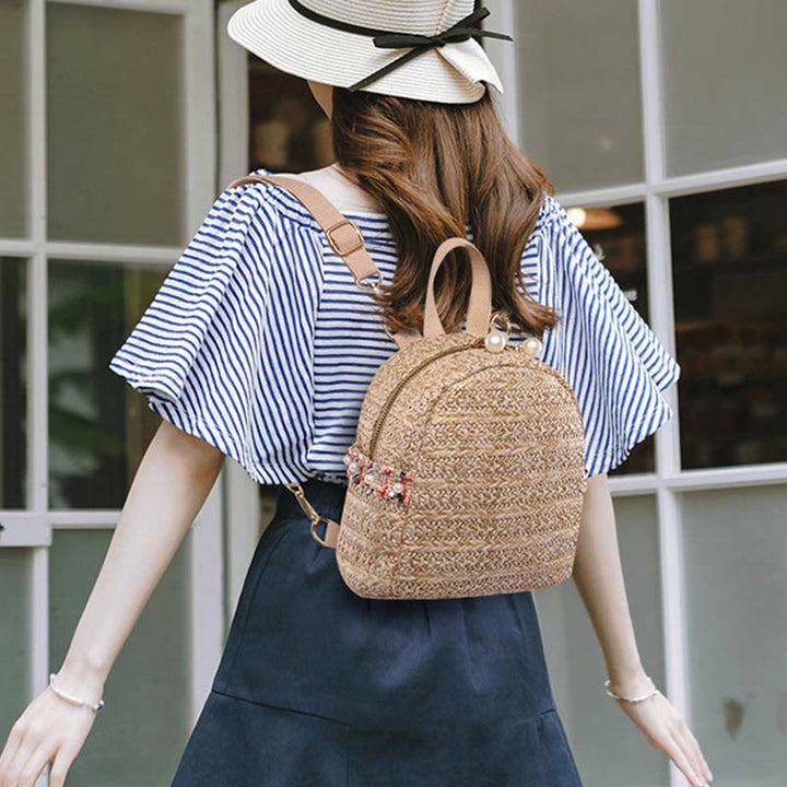 Strohrucksack für Damen, Mini-Tagesrucksack für den Außenbereich, leicht, lässig