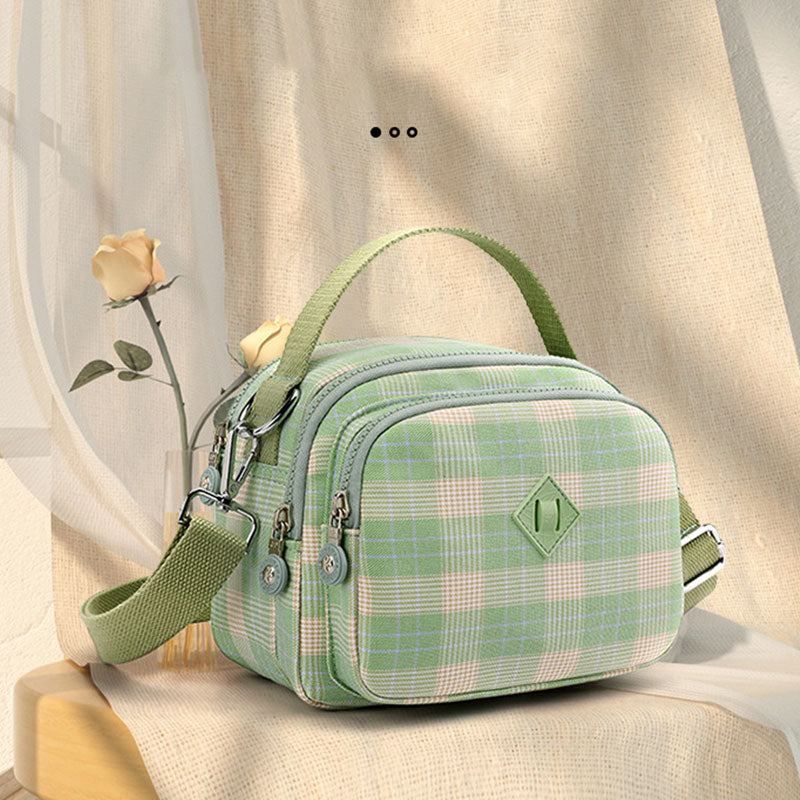 3-lagige Umhängetasche für Damen, leichte Schultertasche mit Karomuster