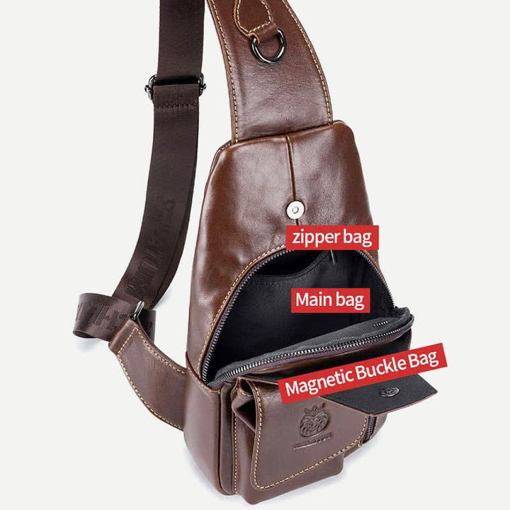 Brusttasche aus echtem Leder mit mehreren Taschen und USB-Ladeanschluss