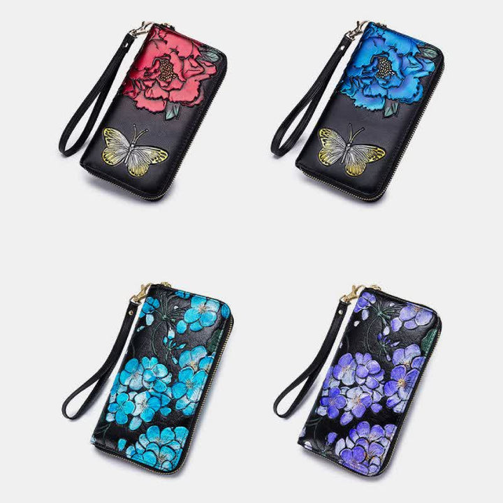 RFID-Geldbörse aus echtem Leder mit Vintage-Blumenprägung