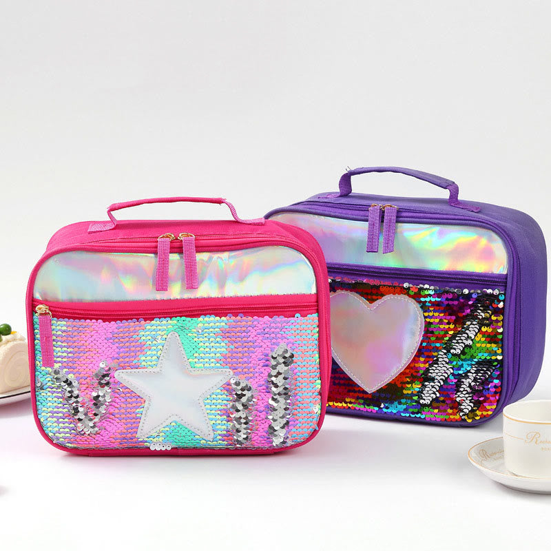 Lunchtasche für Kinder mit Glitzer-Herzmuster, isolierte Tasche
