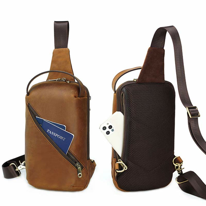 Herren Umhängetasche aus Leder, Schultertasche, Outdoor-Reisetasche, Brusttasche, Daypack